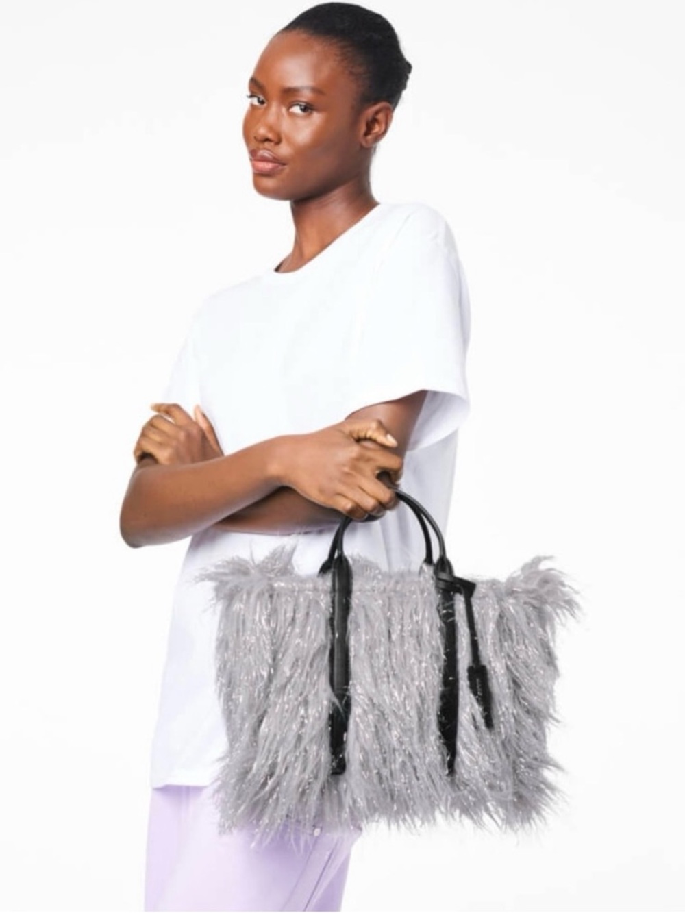Marc Jacobs The Creature Silver-Gray Faux Fur Tote with Black Leather Straps - Picture 4 of 15